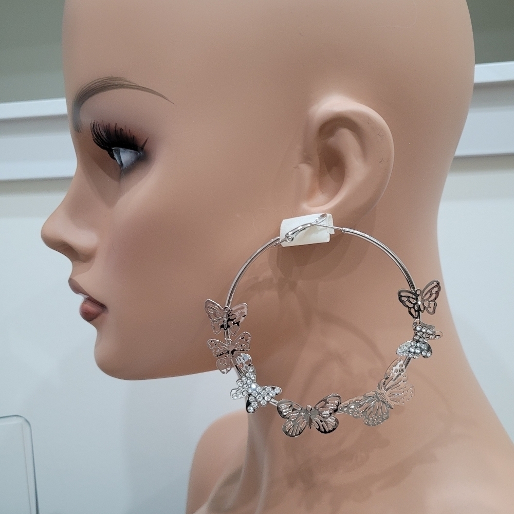 Brand New Silver Large Butterfly Rhinestone Hoop Earrings
